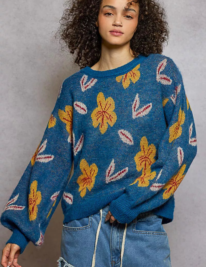 POL Floral Pattern Round Neck Balloon Sleeve Sweater | Sweaters Daverri Fashions