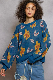 POL Floral Pattern Round Neck Balloon Sleeve Sweater | Sweaters Daverri Fashions