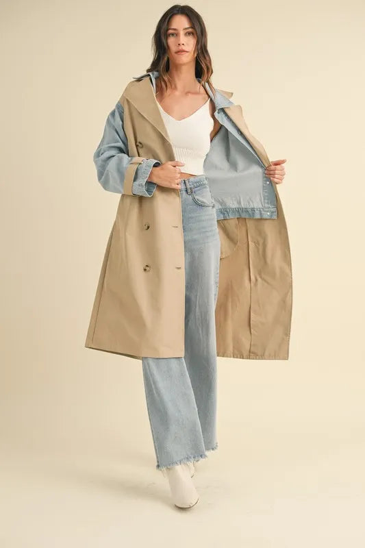 MABLE Layered Look Trench Coat With Denim Jacket | Daverri Fashions