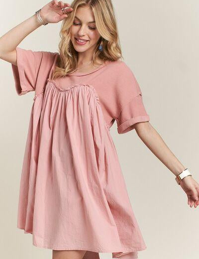 Dusty Pink ADORA Round Neck Half Sleeve Babydoll Dress | Babydoll Dresses Daverri Fashions