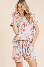 BOMBOM Floral Round Neck RIbbed T-Shirt | Daverri Fashions