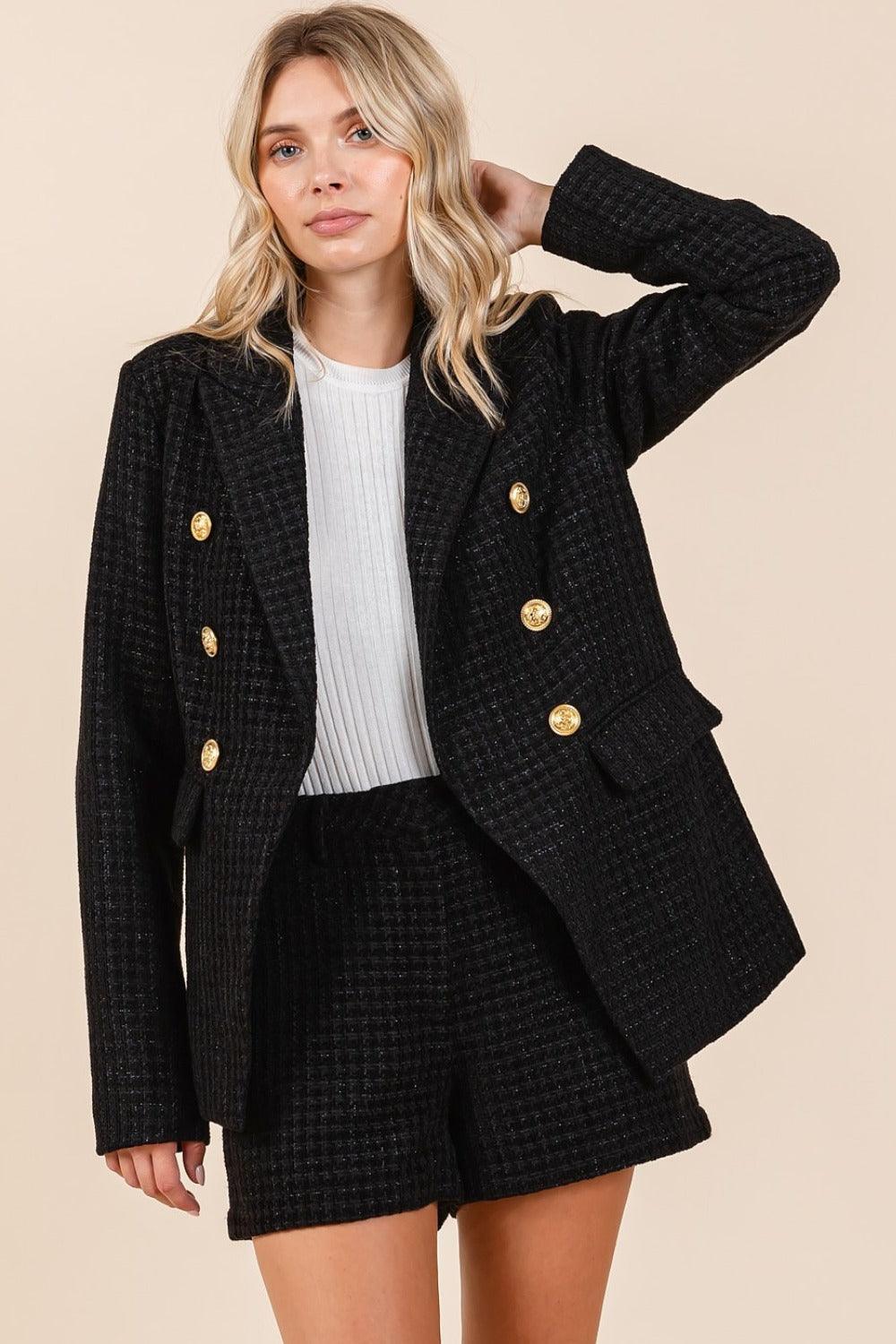 Mittoshop Plaid Texture Double-Breasted Long Sleeve Blazer | Daverri Fashions