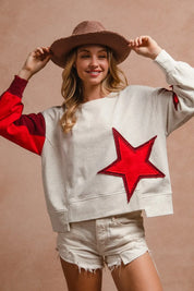 BiBi Star Patch And Spliced Hemline French Terry Long Sleeve Sweatshirt | Daverri Fashions