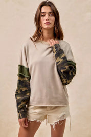 BiBi Camo Sleeve French Terry Top with Frayed Edge | Daverri Fashions