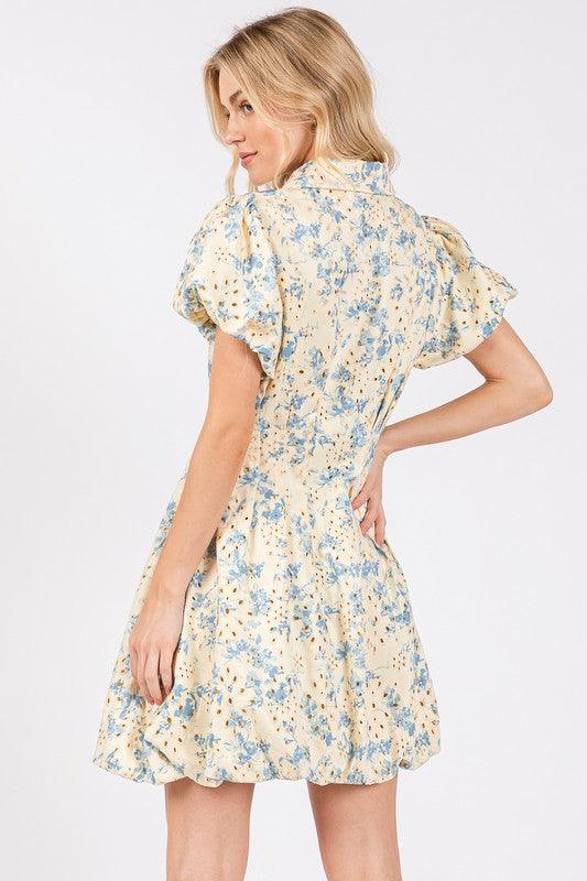 GeeGee Floral Eyelet Zipper Front Puff Sleeve Mini Dress | Daverri Fashions