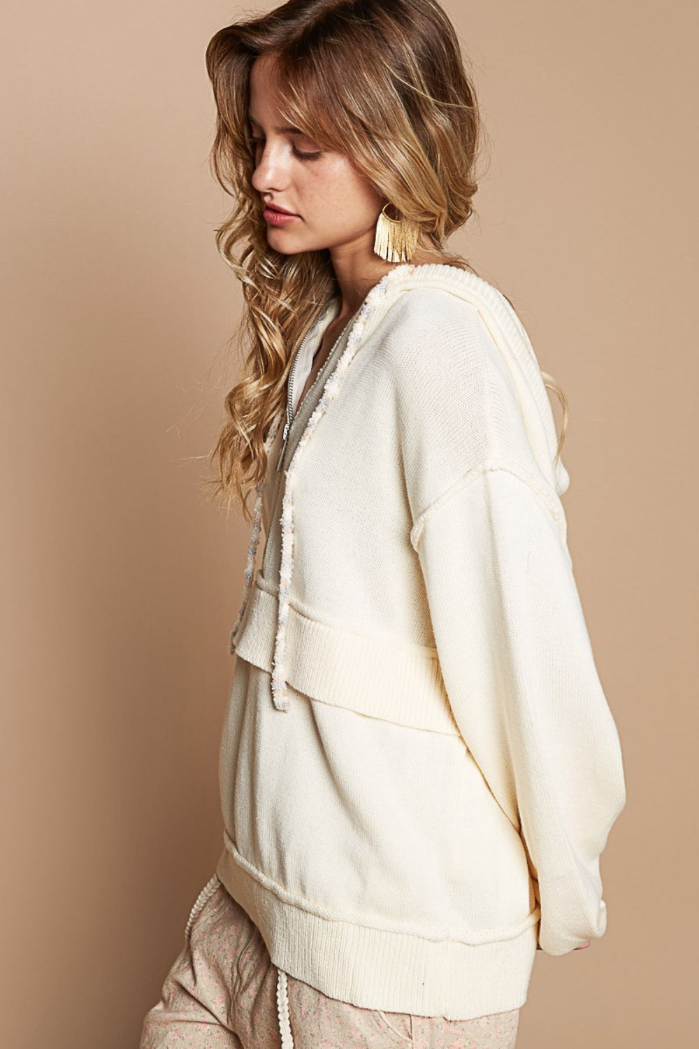 POL Half Zip Drop Shoulder Hooded Sweater | Sweaters Daverri Fashions
