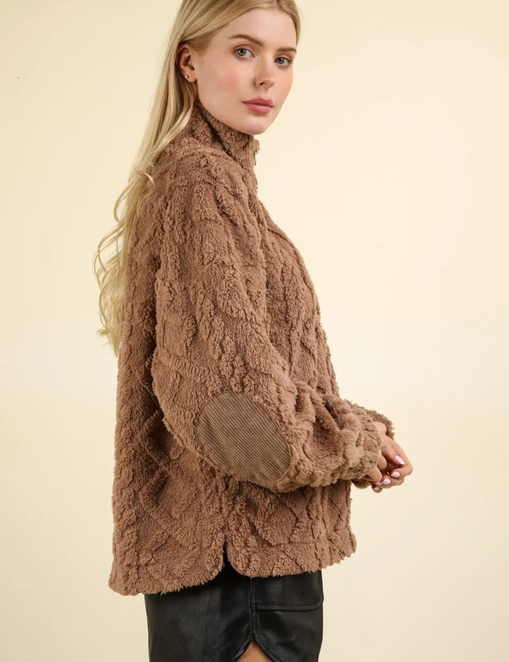 VERY J Fuzzy Fleece Half Zip Cable Pattern Sweatshirt Mocha | Sweatshirts Daverri Fashions