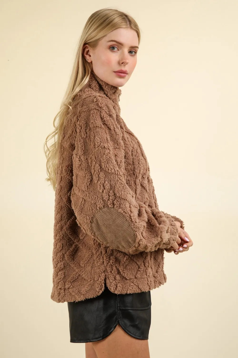 VERY J Fuzzy Fleece Half Zip Cable Pattern Sweatshirt Mocha | Sweatshirts Daverri Fashions