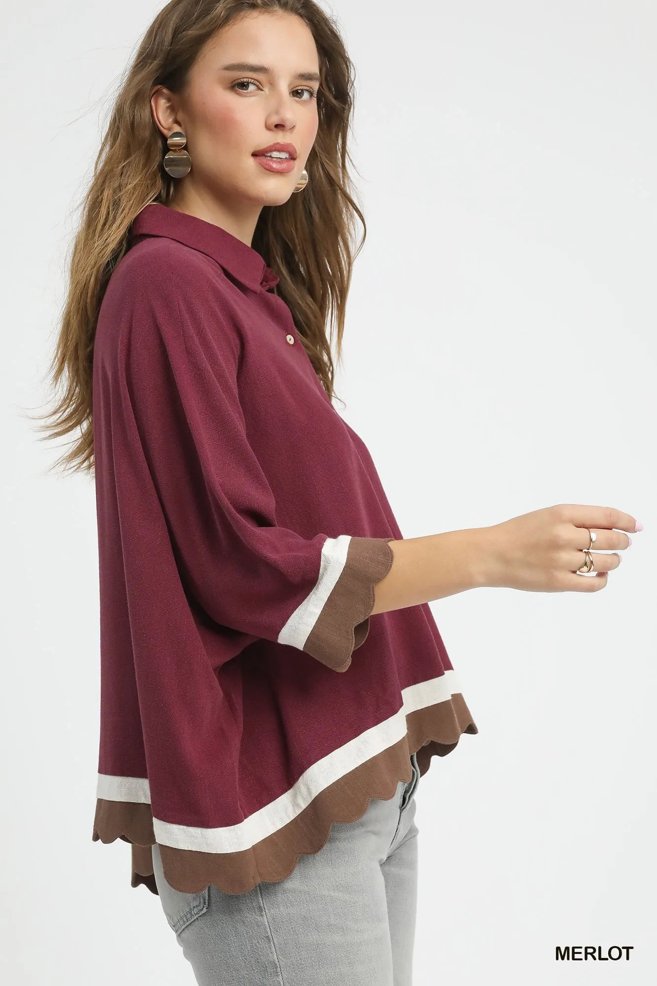Umgee Colorblock Button-Down Shirt with Scallop Hem | Tops Daverri Fashions