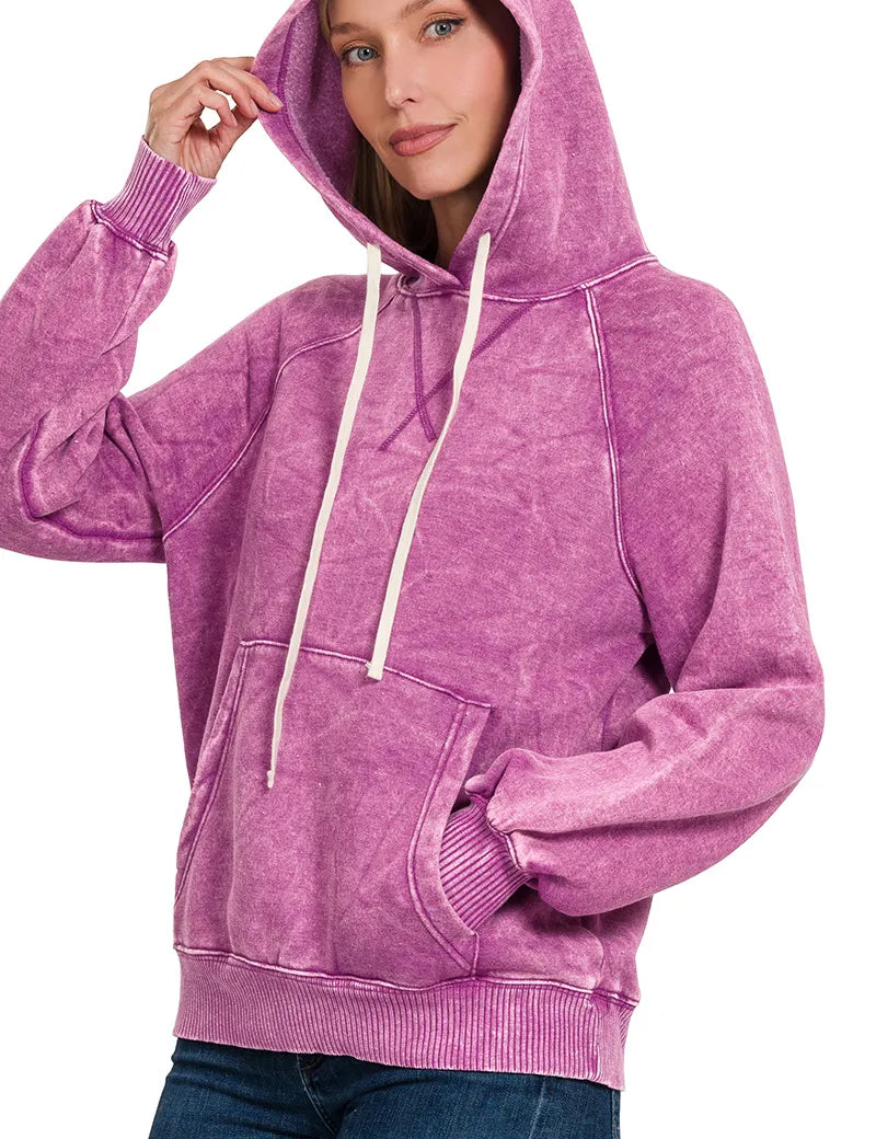 Zenana Acid Wash Fleece Hoodie with Kangaroo Pocket Lt Plum | Hoodies Daverri Fashions