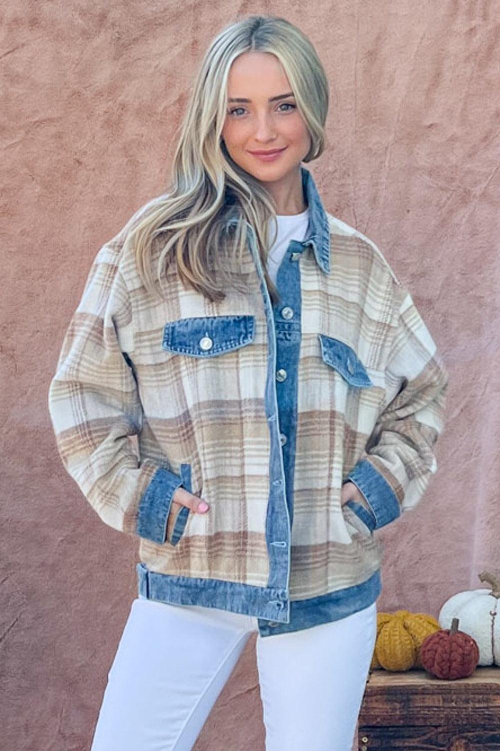 And The Why Full Size Washed Denim Detail Brushed Plaid Jacket | Daverri Fashions