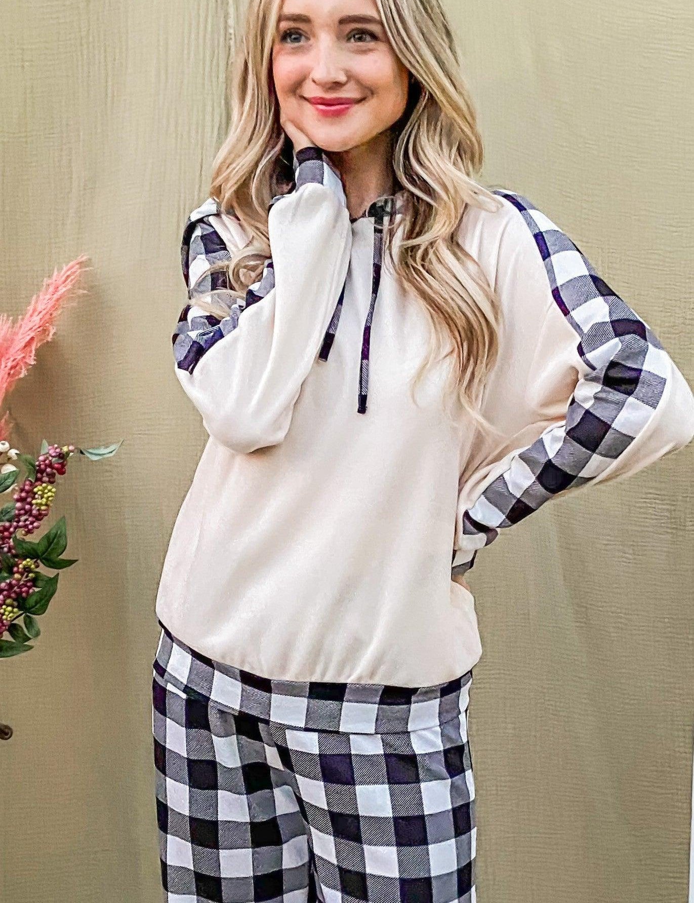 White Black And The Why Drawstring Hooded Top and Plaid Pants Lounge Set | Outfit Sets Daverri Fashions