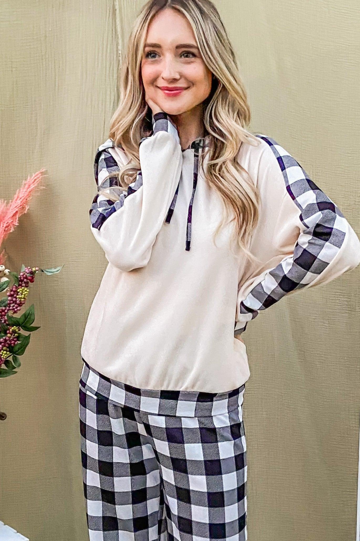 White Black And The Why Drawstring Hooded Top and Plaid Pants Lounge Set | Outfit Sets Daverri Fashions