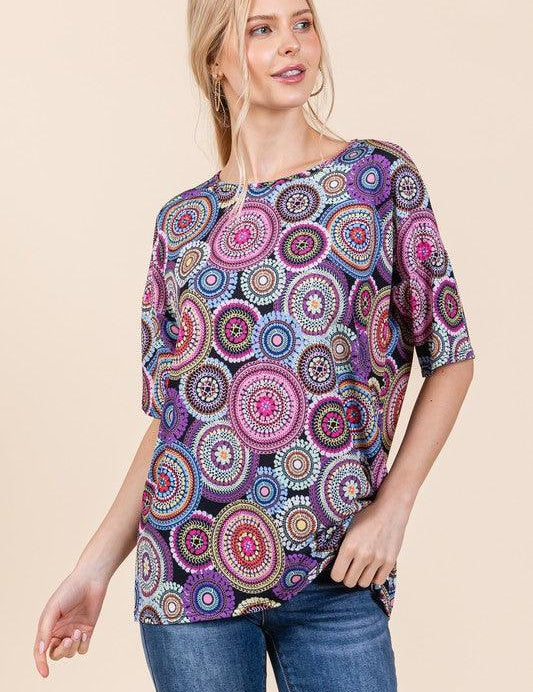 Mauve BOMBOM Printed Round Neck Half Sleeve Top | Tops Daverri Fashions