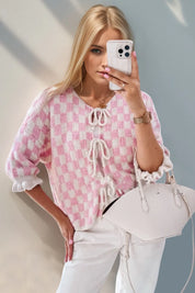 Double Take Tied Checkered Dropped Shoulder Flounce Sleeve Cardigan | Cardigans Daverri Fashions