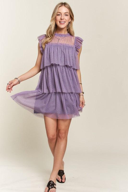 ADORA Layered Ruffled Cap Sleeve Mesh Dress | Daverri Fashions