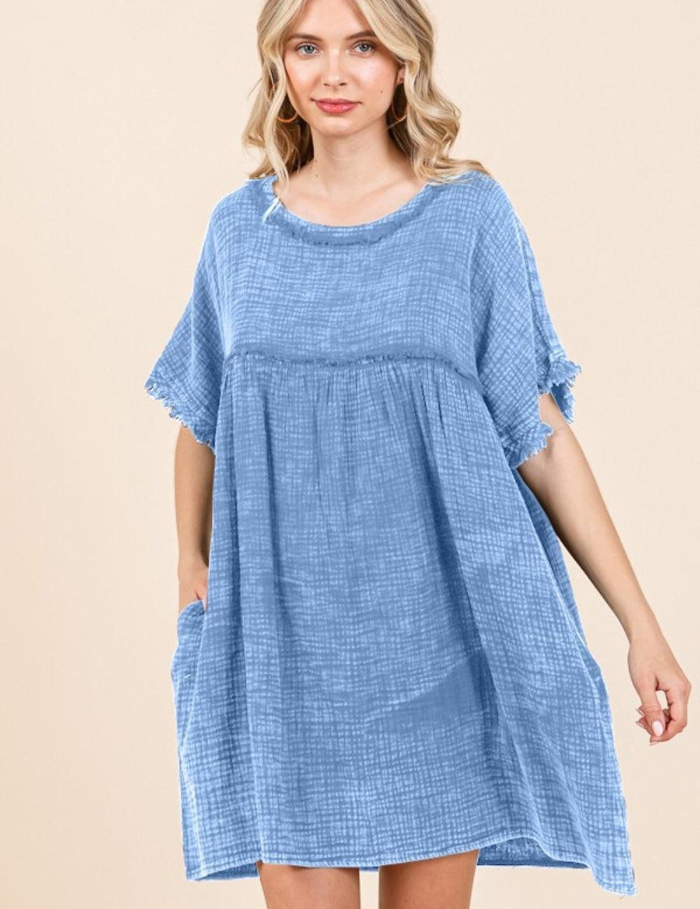 New Dusty Blue Culture Code Short Sleeve Babydoll Texture Dress with Pockets | Babydoll Dresses Daverri Fashions