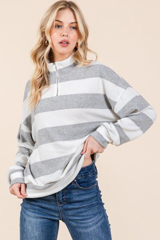 BOMBOM Striped Quarter Zip Drop Shoulder Sweatshirt | Daverri Fashions