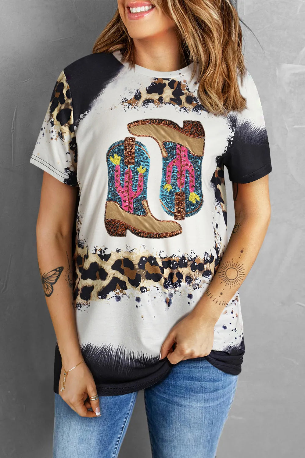 Sequin Boots Leopard Round Neck Short Sleeve T-Shirt | T-Shirts Daverri Fashions