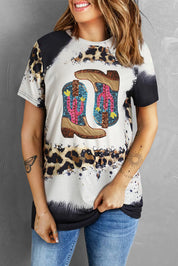 Sequin Boots Leopard Round Neck Short Sleeve T-Shirt | T-Shirts Daverri Fashions
