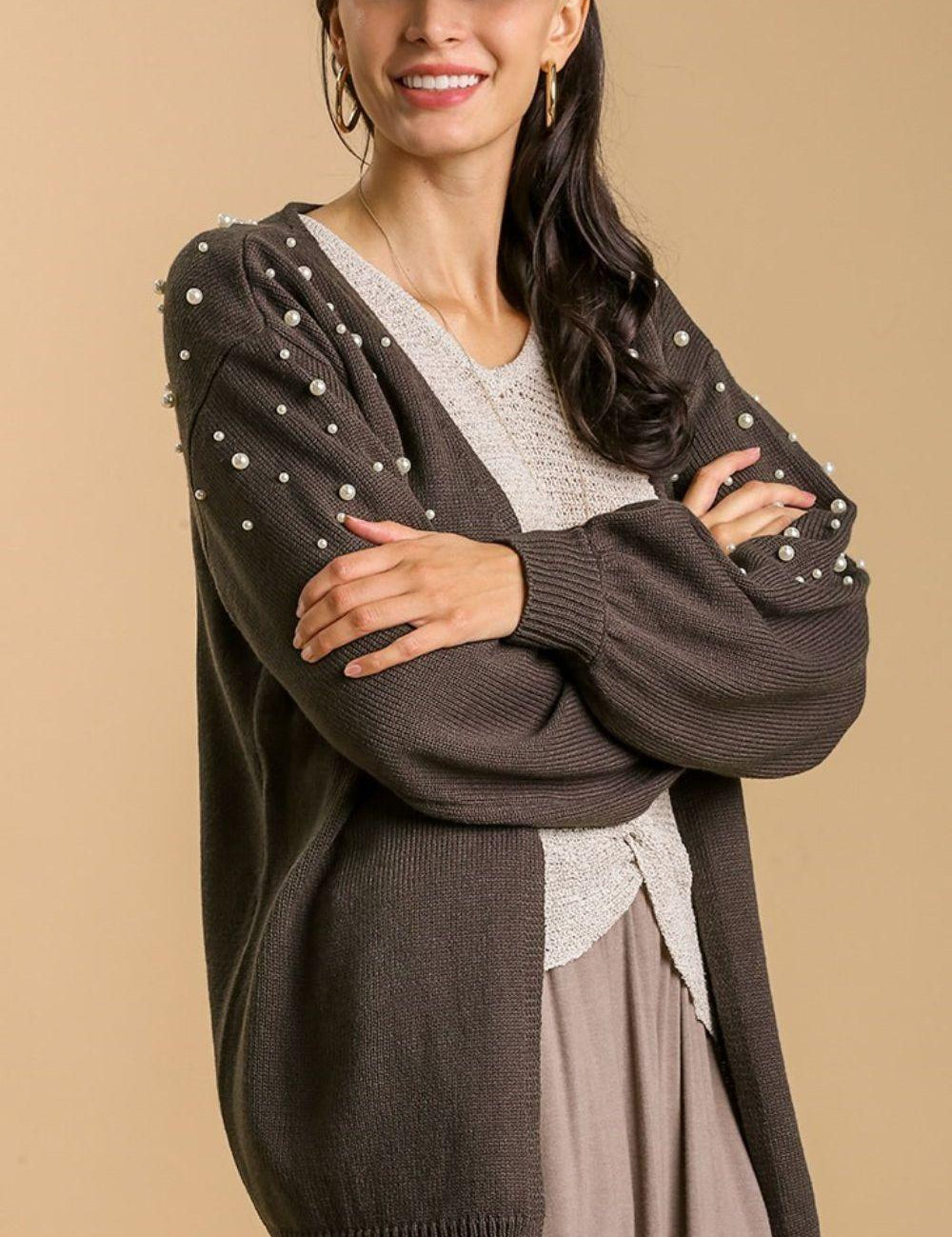 CHARCOAL Umgee Open Front Cardigan with Long Sleeve Pearl Details | Cardigans Daverri Fashions