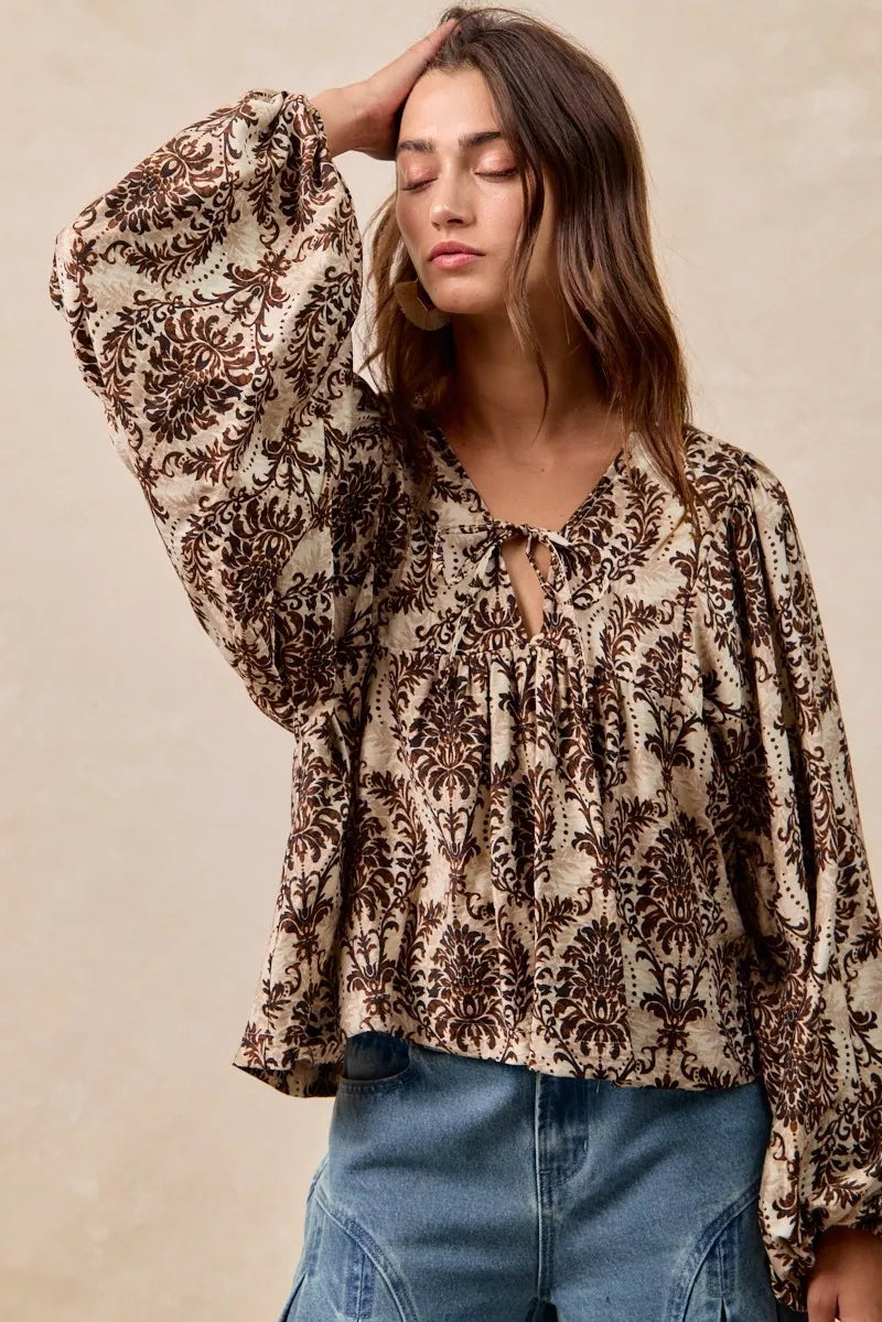 BiBi Printed Woven Front Tied Blouse with Baloon Sleeve | Blouses Daverri Fashions