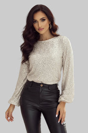 Cutout Sequin Round Neck Long Sleeve Blouse | Blouses Daverri Fashions