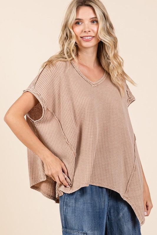 Mittoshop Mineral Wash Waffle Knit Pointed Hem Oversized Top | Tops Daverri Fashions