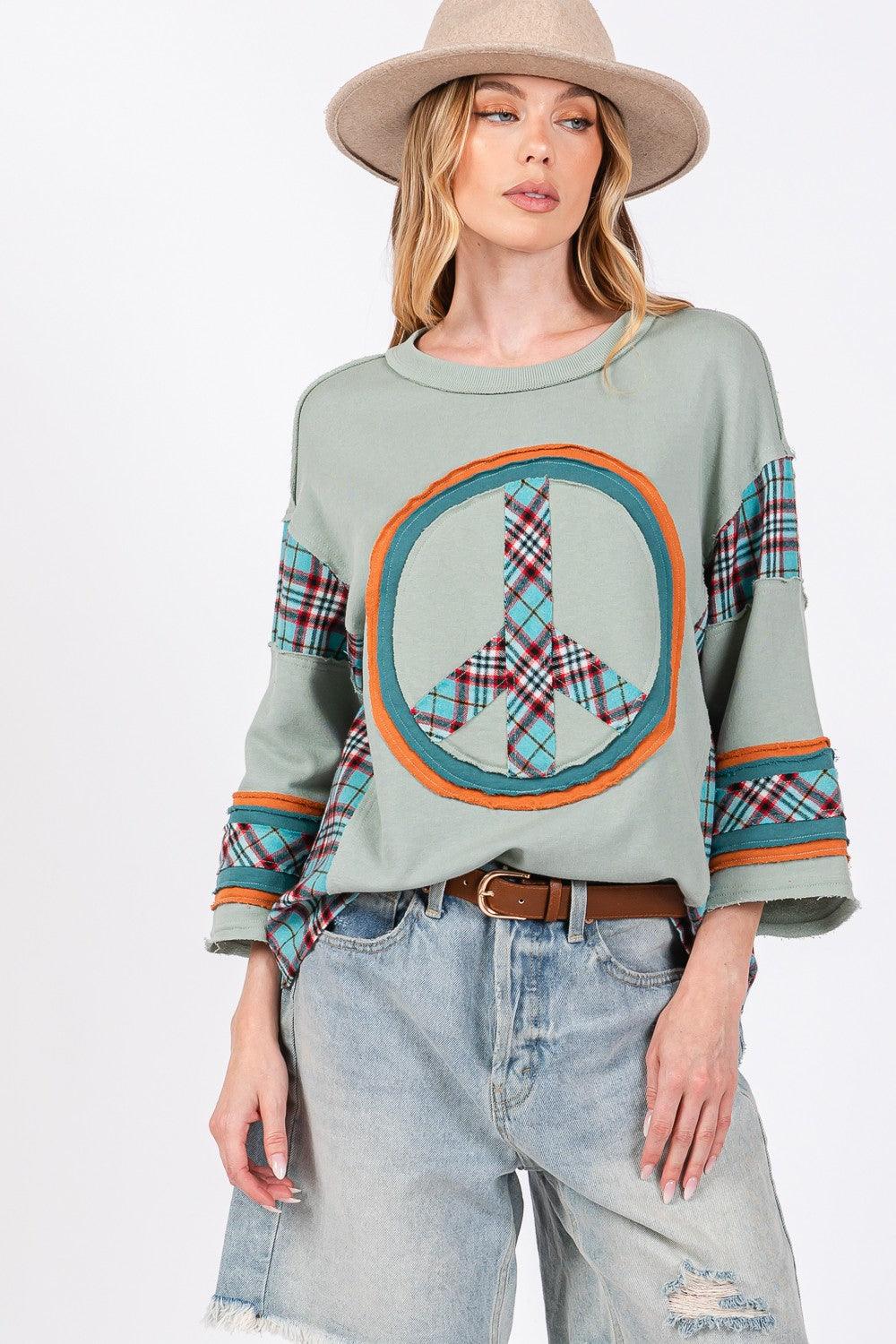 SAGE + FIG Peace Applique Patch Contrast Plaid Top | Tops Daverri Fashions