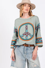 SAGE + FIG Peace Applique Patch Contrast Plaid Top | Tops Daverri Fashions
