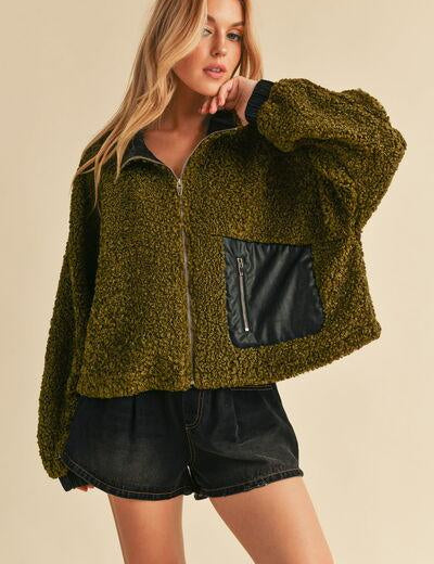 Olive L Aemi + Co Collared Neck Zip Up Sherpa Jacket | Jackets Daverri Fashions