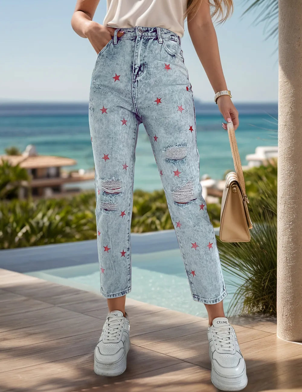 Light Distressed Star Jeans with Pockets | Jeans Daverri Fashions