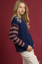 Umgee Flower Jacquard Striped Long Sleeve Sweater | Sweaters Daverri Fashions