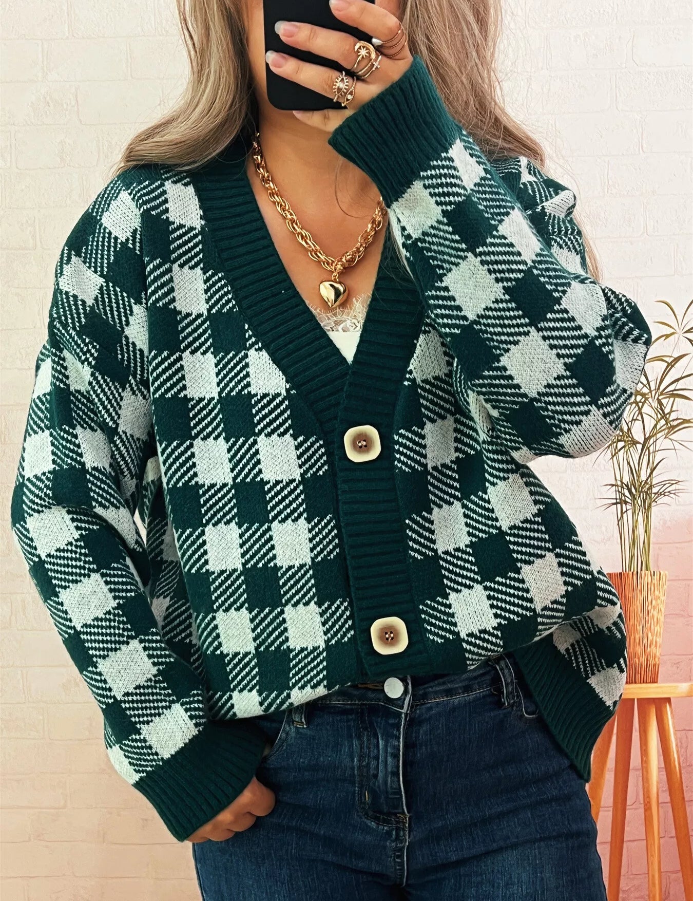 Green One Size Plaid Button-Down Cardigan | Cardigans Daverri Fashions