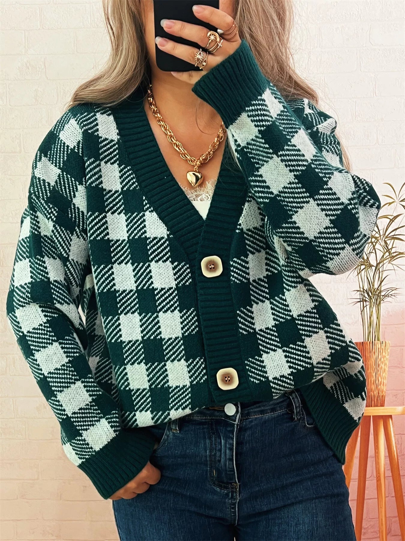 Green One Size Plaid Button-Down Cardigan | Cardigans Daverri Fashions
