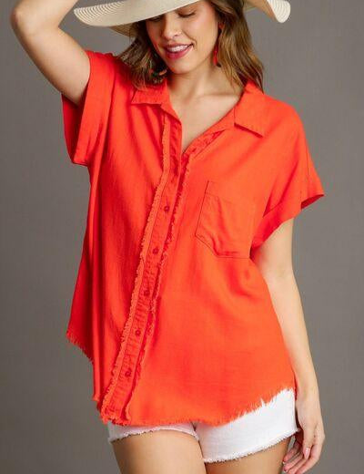 Orange XL Umgee Full Size Linen Blend Button Down Short Folded Sleeve Shirt Plus Size | Shirts Daverri Fashions
