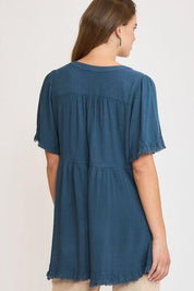 Umgee Full Size Raw Hem Notched Babydoll Linen Blouse Plus Size | Blouses Daverri Fashions
