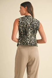 Annie Wear Stretch Leopard Denim Button Down Vest | Daverri Fashions