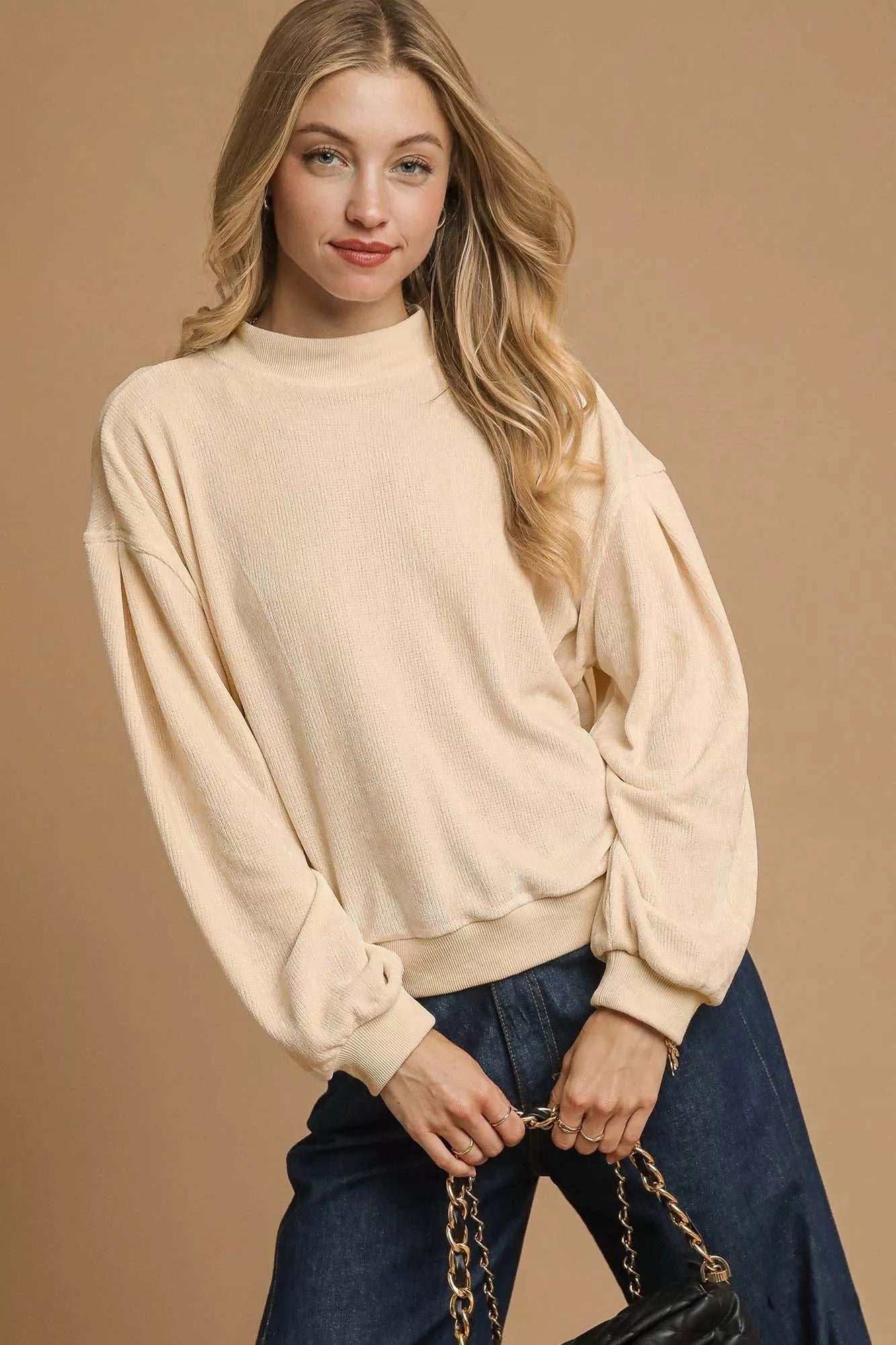 CREAM Umgee Velour Crewneck Balloon Sleeve Sweatshirt | Daverri Fashions