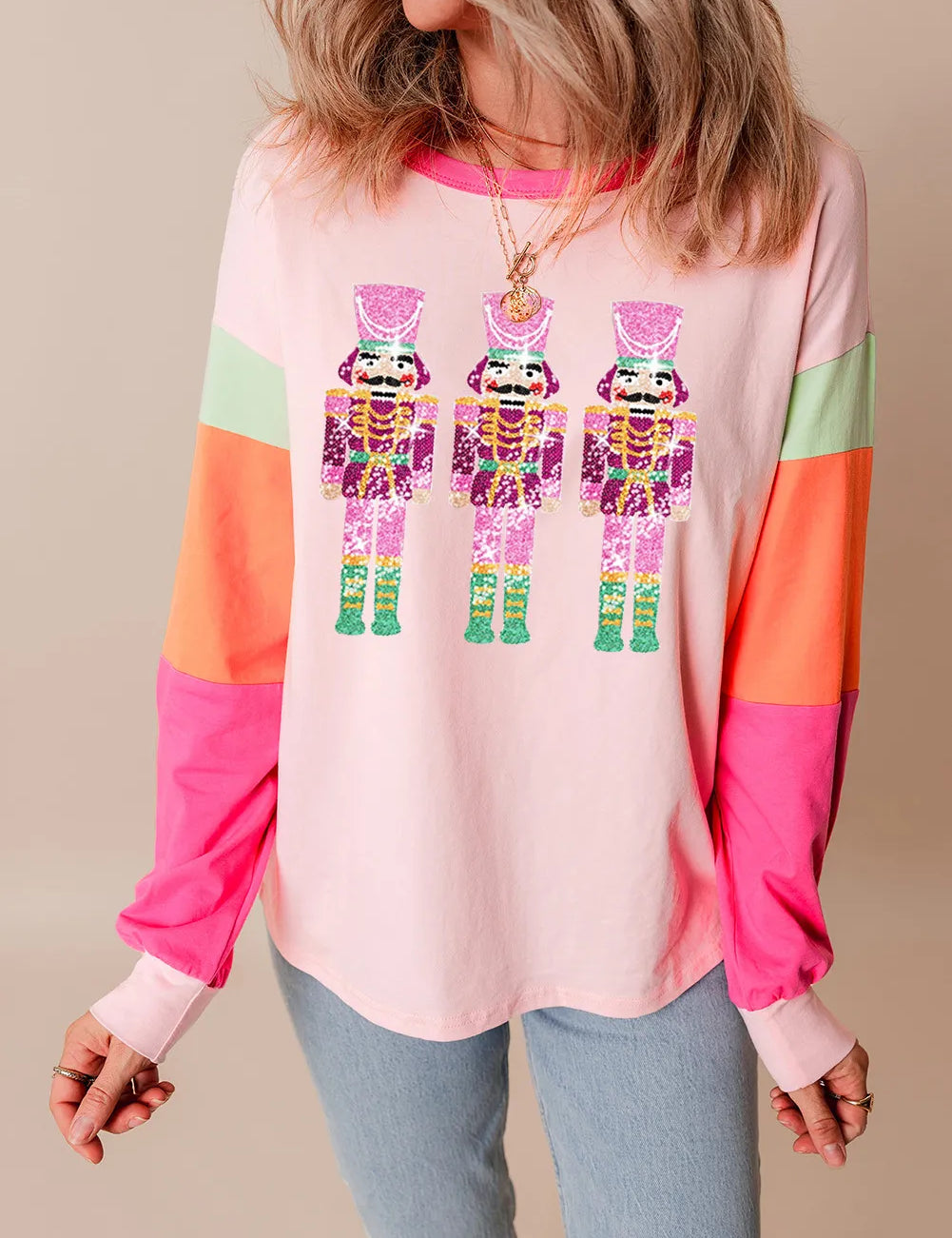 Sequin Nutcracker Round Neck Long Sleeve Top | Tops Daverri Fashions