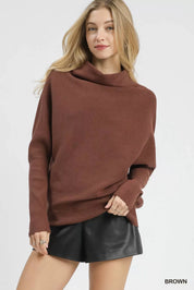 Brown Umgee Draped Turtleneck Long Sleeve Knit Top | Daverri Fashions