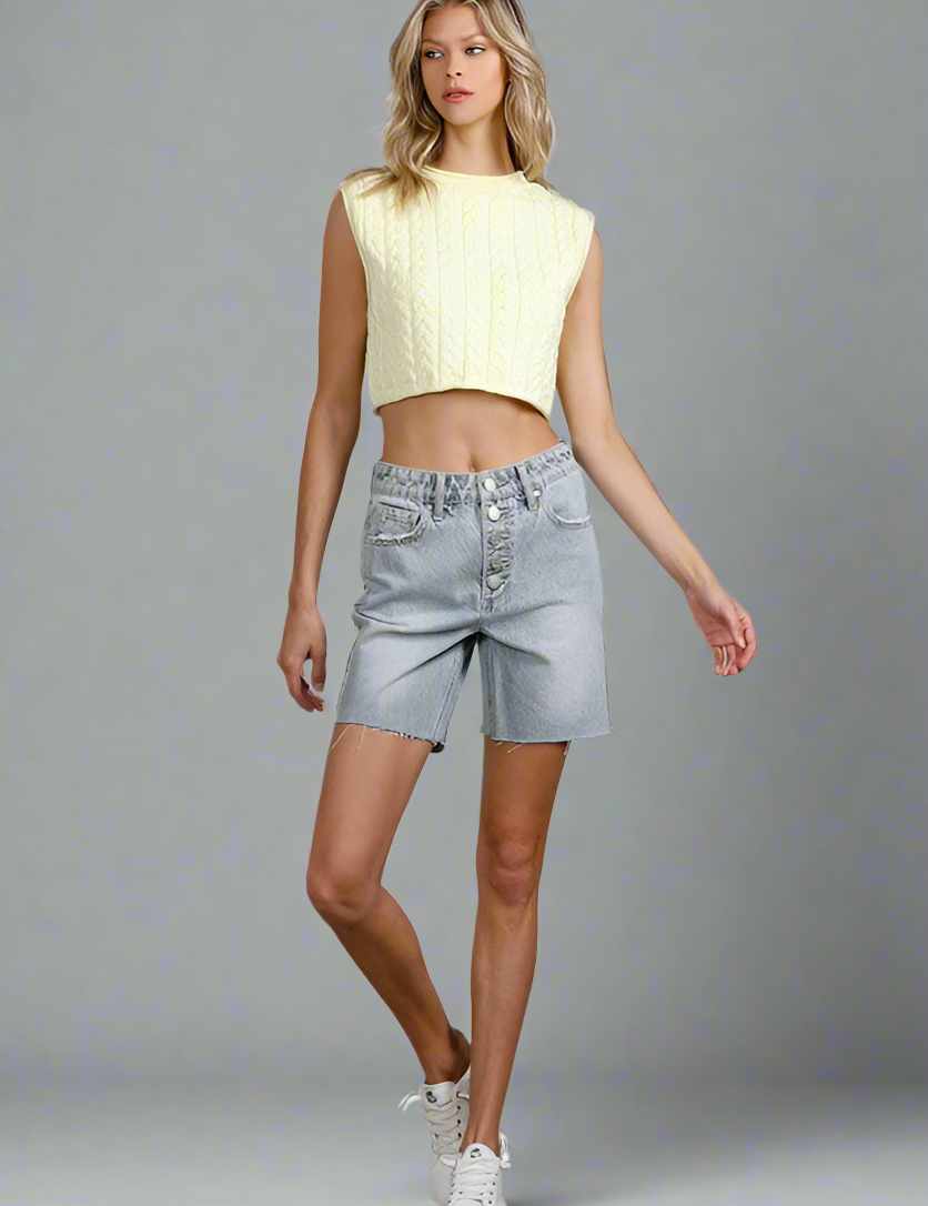 Button Down Raw Hem Denim Shorts | Denim Shorts Daverri Fashions