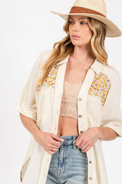 SAGE + FIG Full Size Floral Detail Button Up Short Sleeve Shirt | Shirts Daverri Fashions