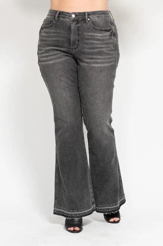 Judy Blue Full Size Mid Rise Tummy Control Washed Gray Release Hem Flare Jeans Plus Size | Daverri Fashions