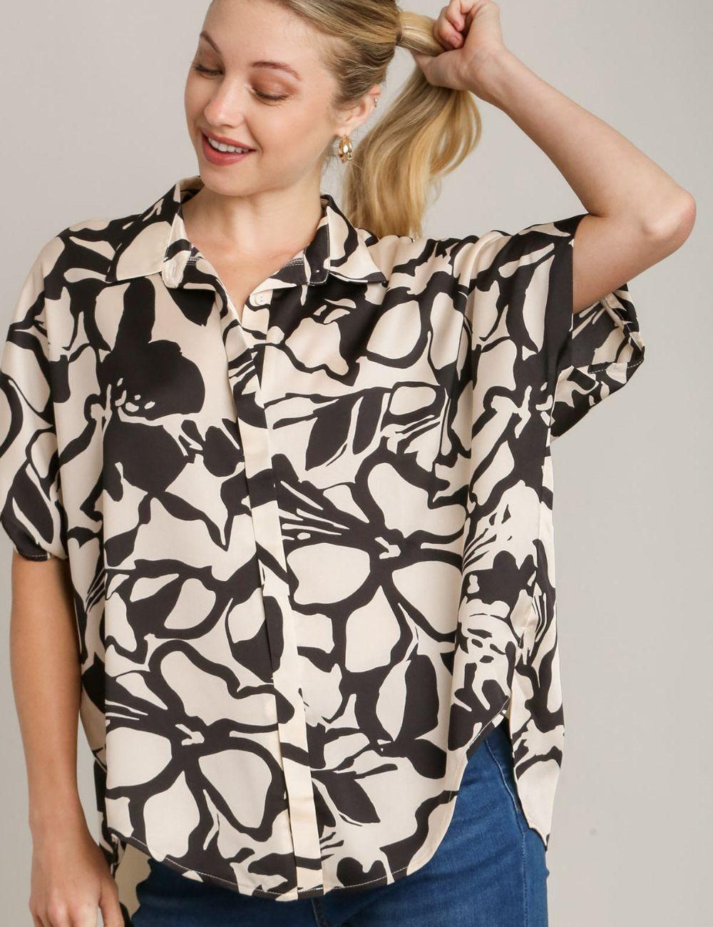 Umgee Full Size Two Tone Print Button Down Top with hidden Plackets | Tops Daverri Fashions