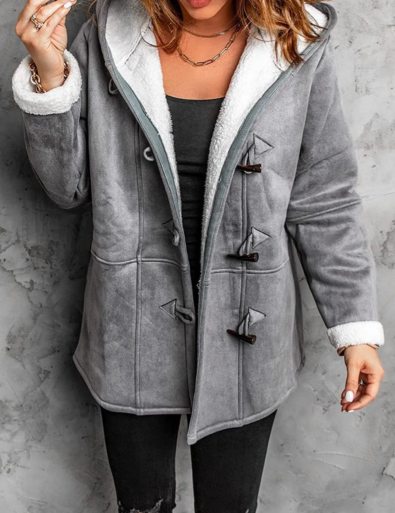 Grey Full Size Cozy Sherpa Lined Toggle Coat with Hood Plus Size | Coats Daverri Fashions