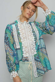 POL Lace Detail Printed Button Down Shirt | Daverri Fashions