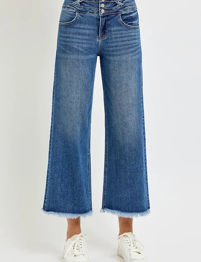 DARK RISEN High Rise Crop Wide Leg Jeans with Wide Band Detail | Jeans Daverri Fashions