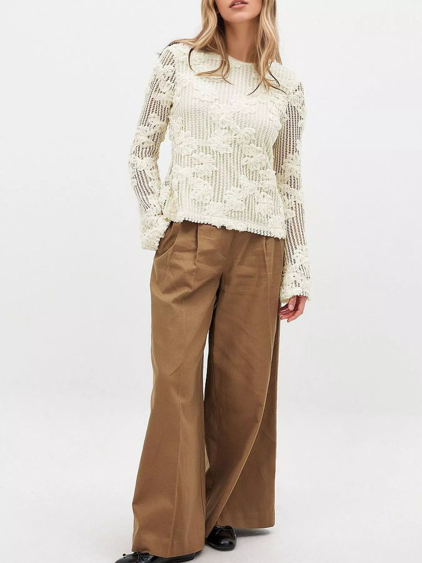 Openwork Tied Back Long Sleeve Blouse | Blouses Daverri Fashions