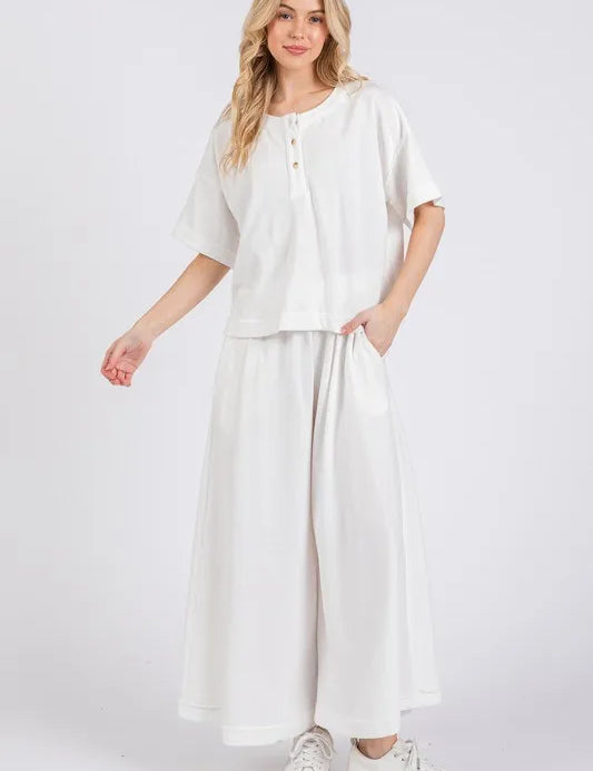 White Ces Femme Half Button Half Sleeve Top and Pants Set | Outfit Sets Daverri Fashions